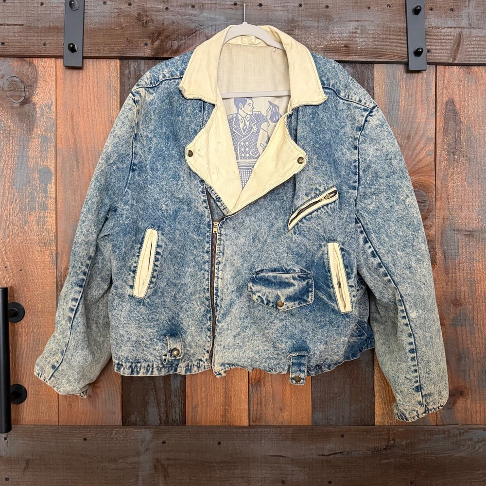 Vintage 80s Dual Control Acid Wash Denim Leather Moto Jacket XL Hair Band Metal